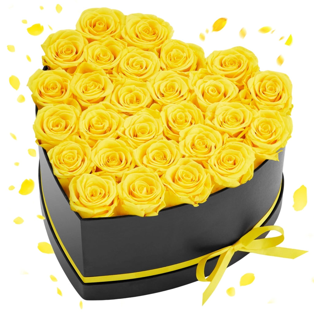 Bouquet di Fiori Eterni con 27 Rose Stabilizzate Heart-27S Scatola a Cuore Giallo per Decorazione Casa