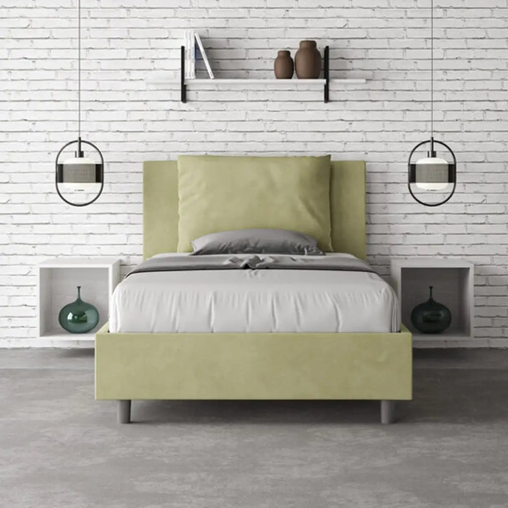 Letto una piazza e mezza contenitore imbottito 120x190 microfibra tè verde Antea