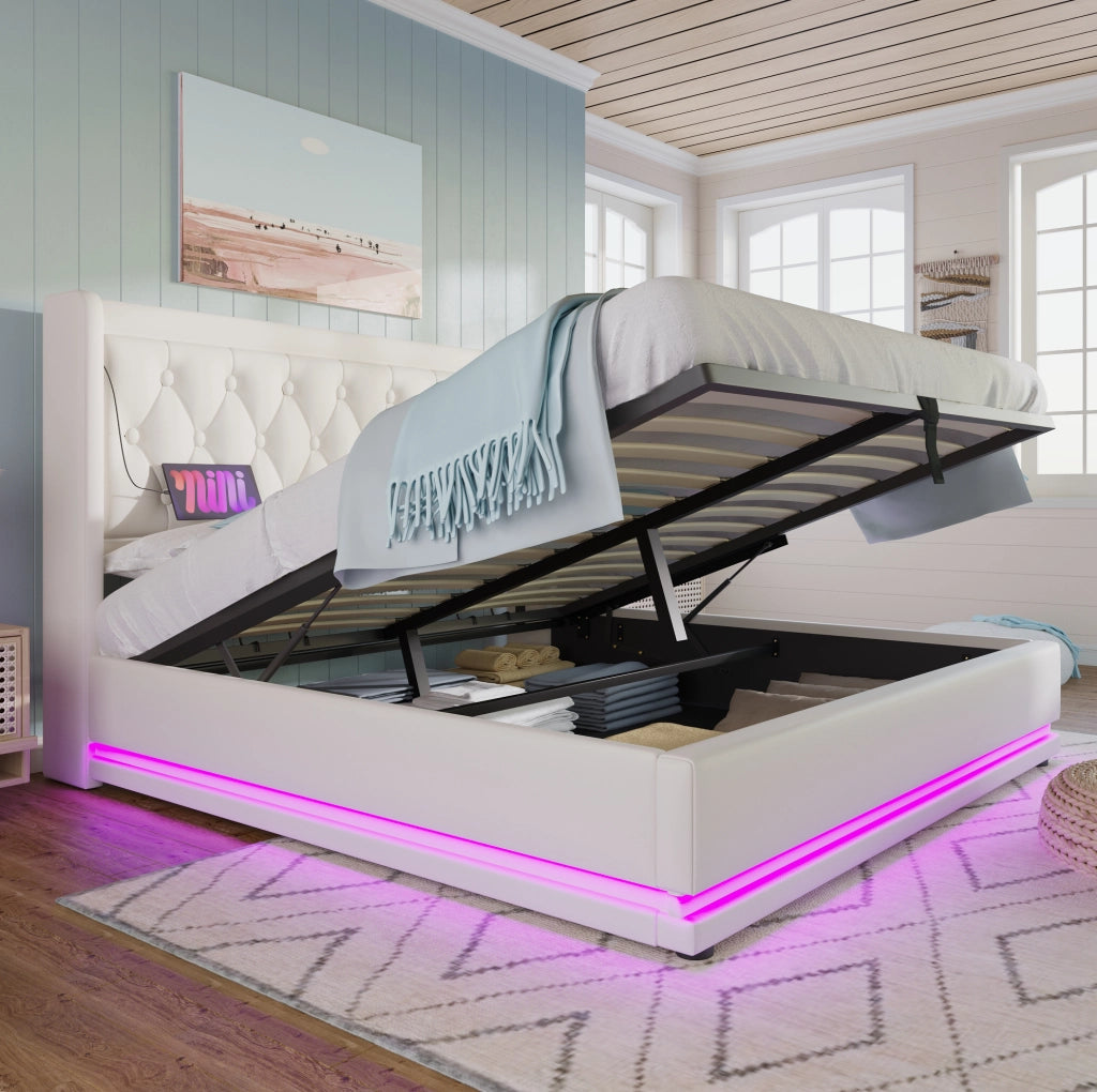 Letto contenitore imbottito 160x200 cm in PU bianco con LED e USB Type-C