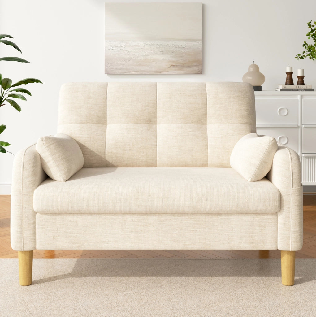 Divano a 2 posti in chenille beige con cuscini e tasca laterale, 119 x 78 x 85 cm