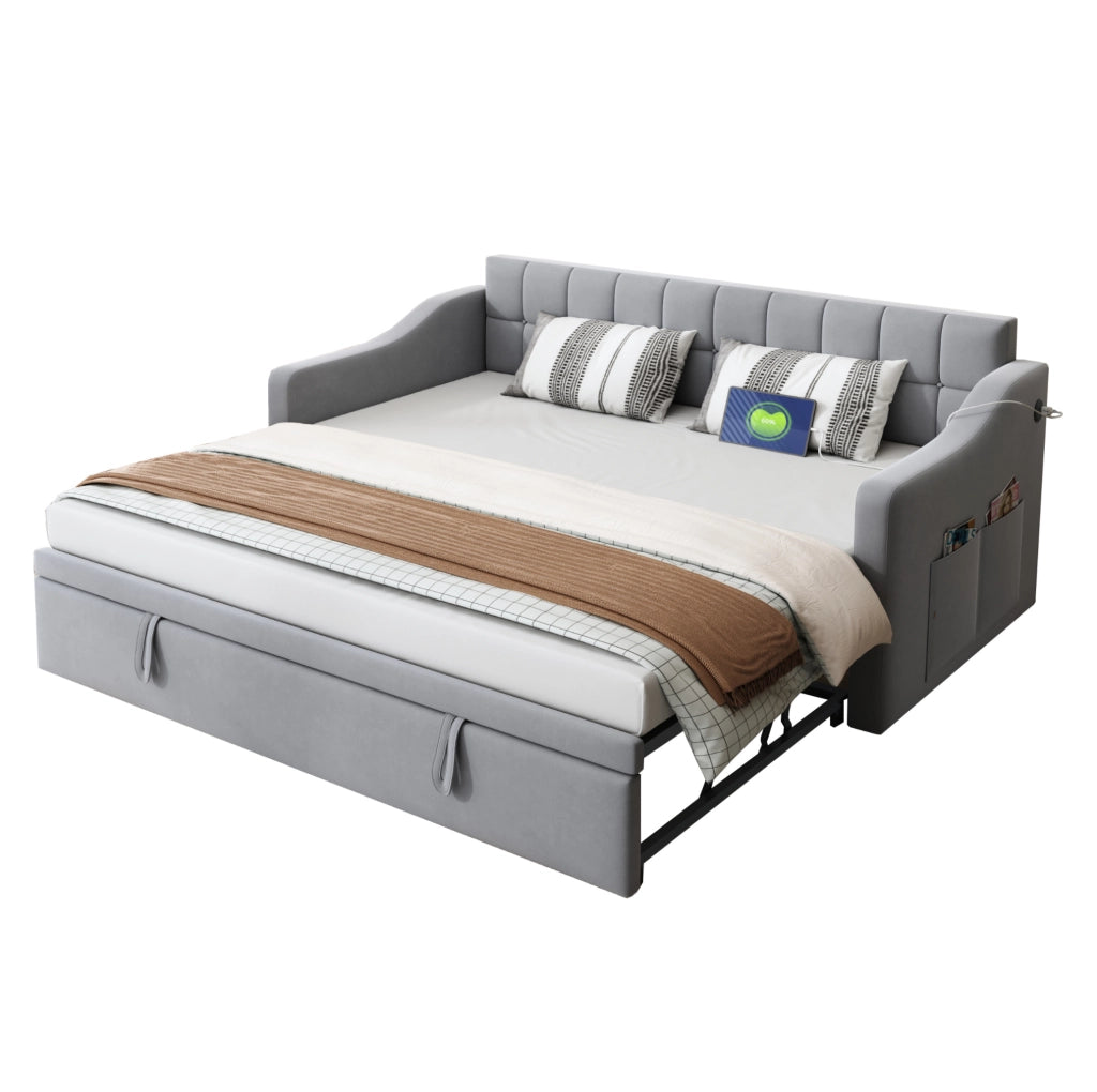 Divano letto imbottito allungabile 90x190 cm, grigio chiaro
