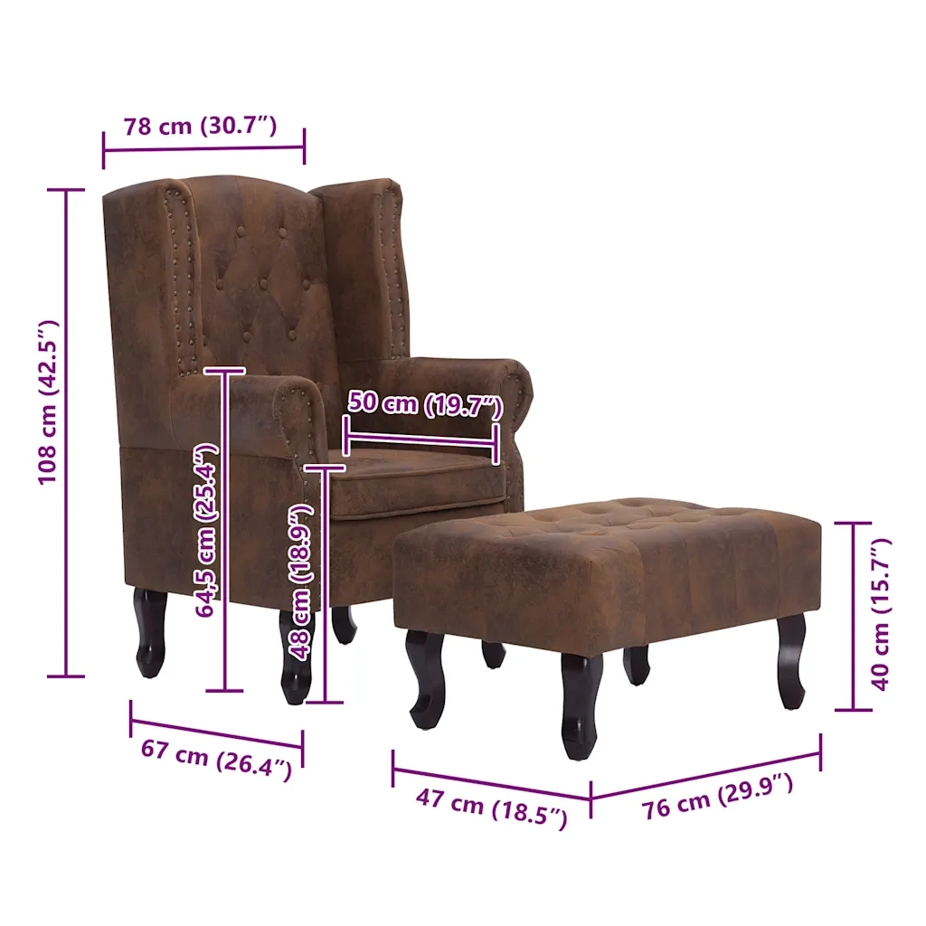 Poltrona Chesterfield Poggiapiedi Marrone Ecopelle Scamosciata
