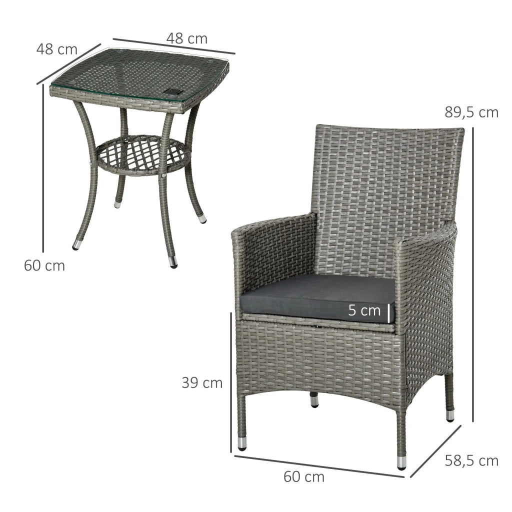 Set mobili da balcone 3 pezzi in rattan grigio con tavolino e cuscini sfoderabili