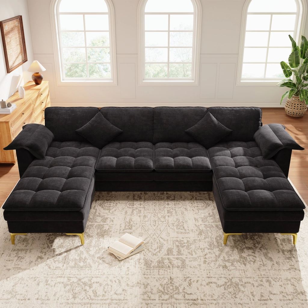 Divano angolare modulare a U 262x134 cm 4-5 posti in chenille nero con 2 cuscini