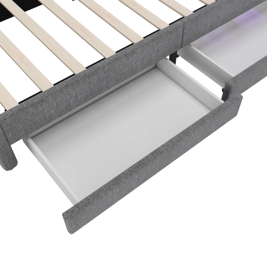 Letto singolo a divano 90 × 200 cm con rete a doghe in lino e MDF grigio con cassetti e LED