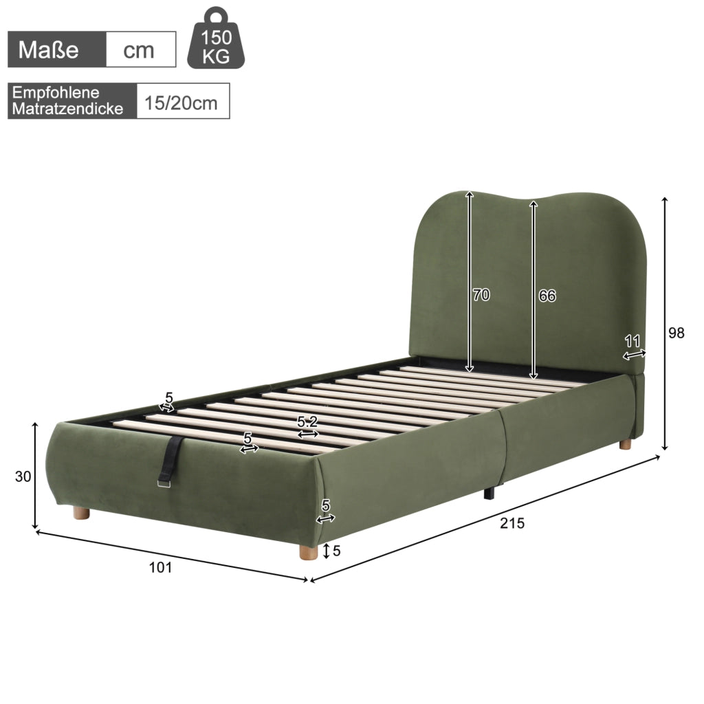 Letto imbottito per bambini verde in velluto con contenitore