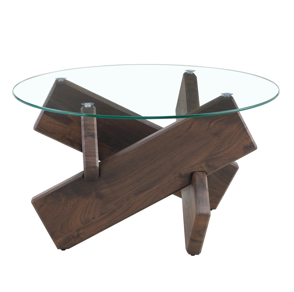 TAVOLINO rotondo 79 cm MDF e vetro trasparente effetto noce