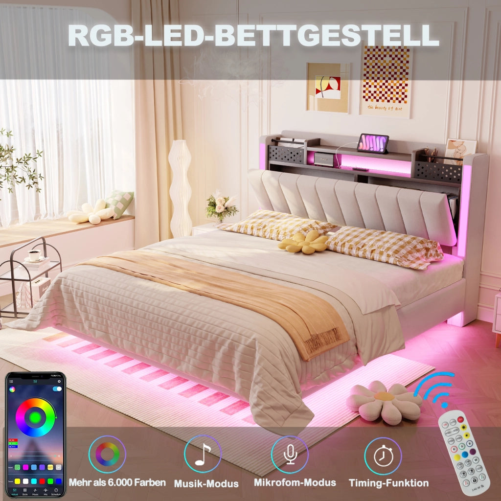 Letto 140 x 200 cm con testiera contenitore, LED e USB, 2 cassetti, lino beige, camera