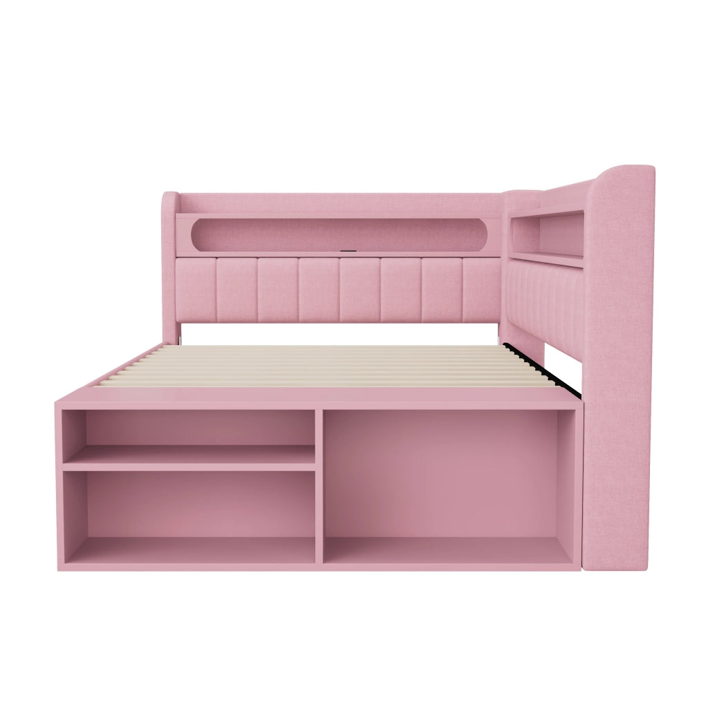 Letto imbottito rosa 90x200 cm con presa USB integrata; luci LED e contenitori