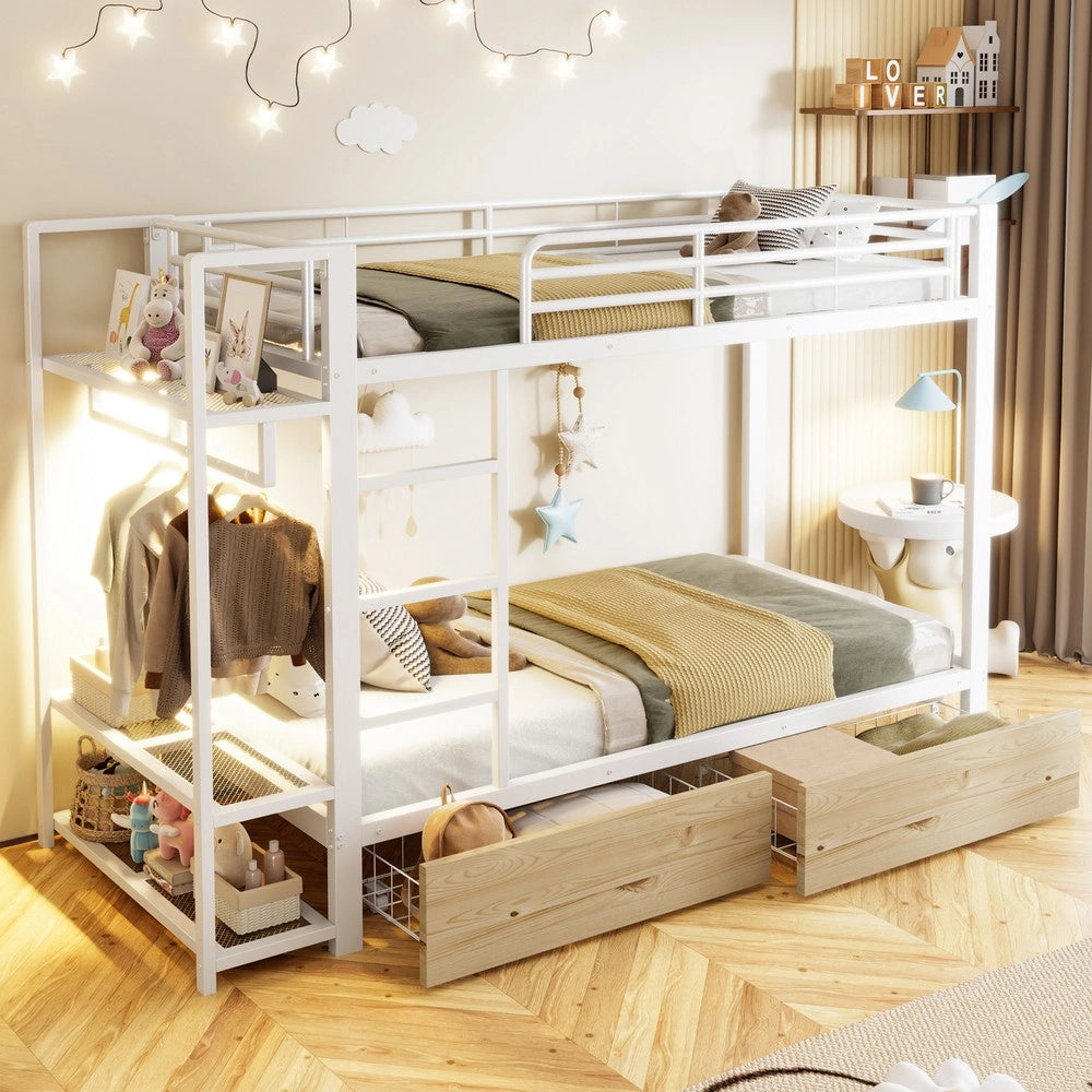 Letto a Castello con LED e Cassetti ¨C Xylo ¨C Bianco, 90x200 cm