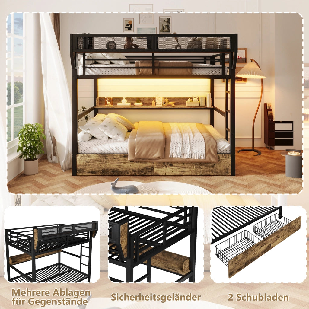 Letto a castello 140 × 200 cm in metallo e MDF nero con LED ripiani cestino e due cassetti