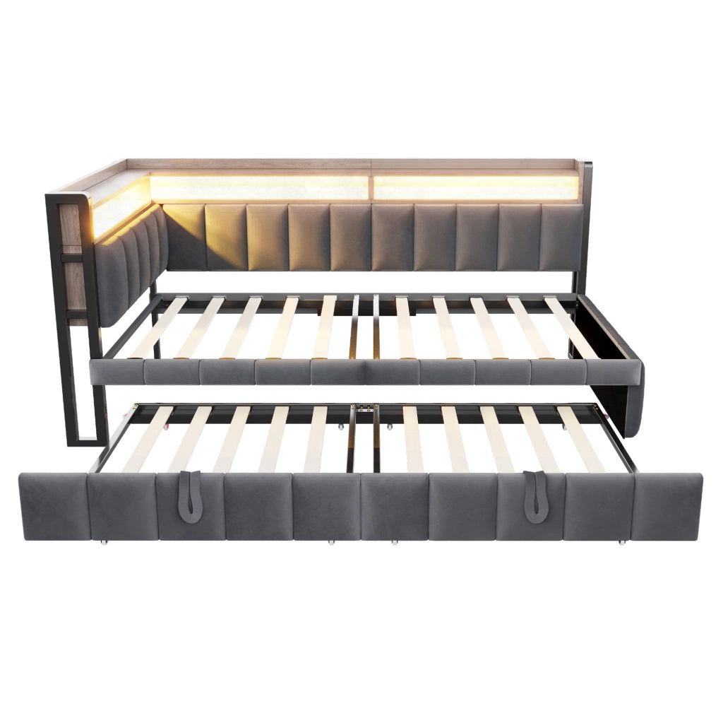 Divano letto estraibile 90x200 cm con LED, USB e Type-C grigio