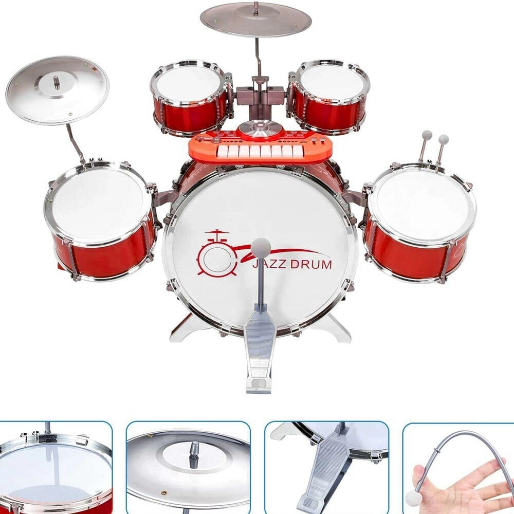Batteria Musicale Giocattolo con Microfono Pianola Piatto DJ e Lettore MP3 Rosso