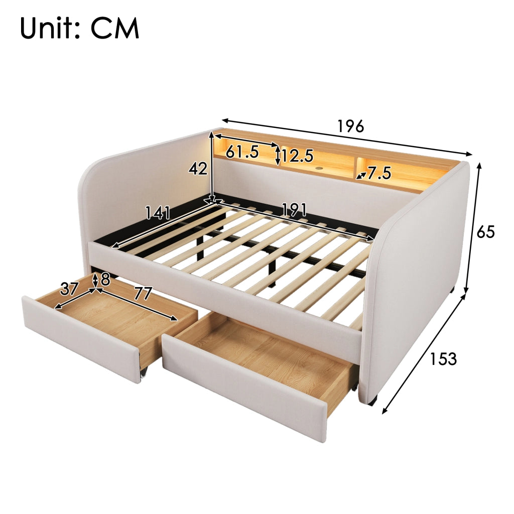 Letto imbottito 140x190 cm con LED e cassetti