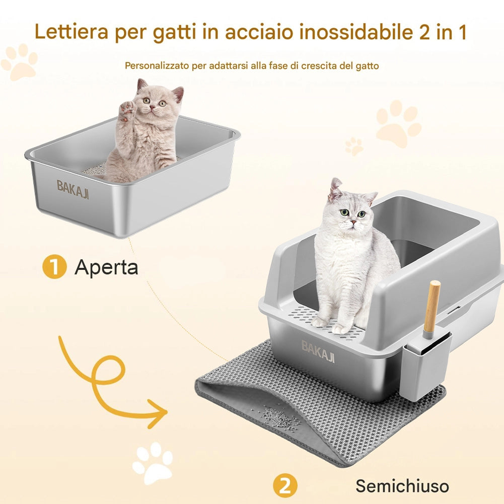 Lettiera per Gatti Grigia in Acciaio con Tappetino Capacità 35 Litri con Paletta