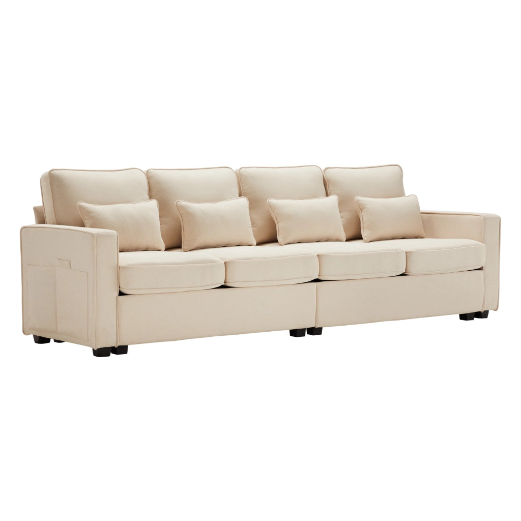 Divano 4 posti in tessuto di lino beige con tasche laterali e 4 cuscini, 264x83x87 cm