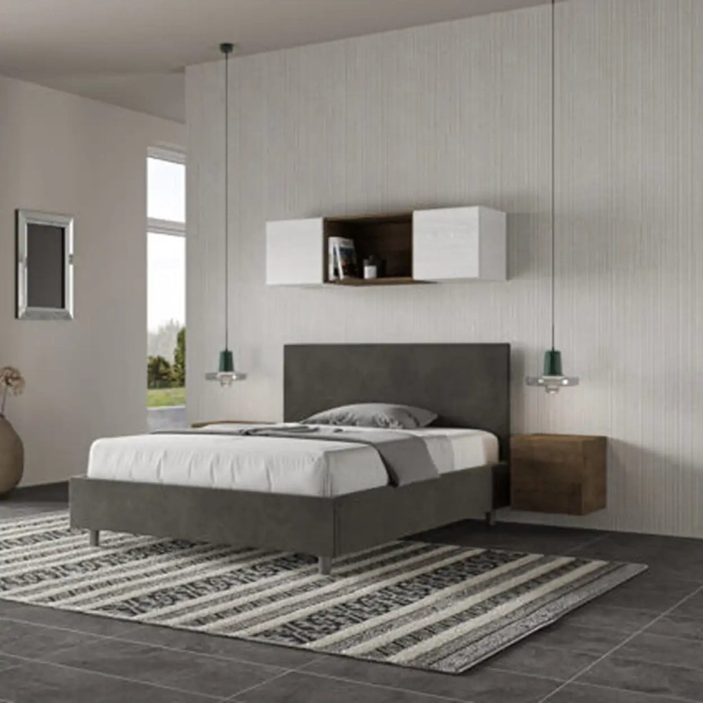 Letto matrimoniale francese senza rete imbottito 140x200 microfibra grigio Adele