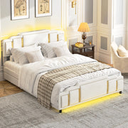 Letto matrimoniale 140x200 cm in velluto beige con LED e cassetti
