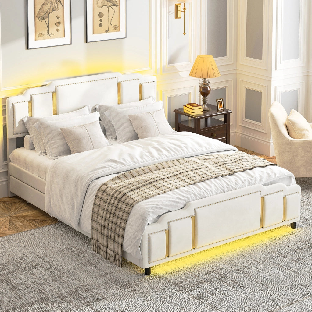 Letto matrimoniale 140x200 cm in velluto beige con LED e cassetti