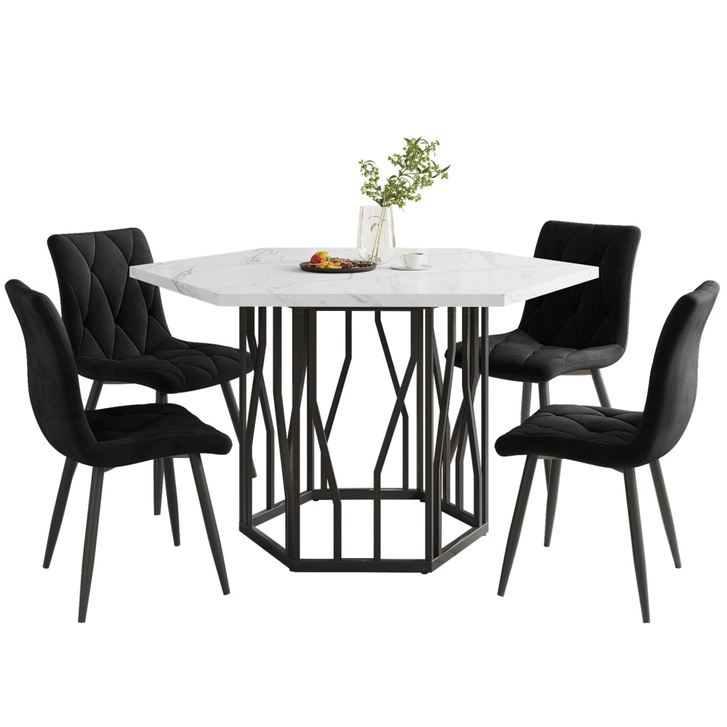 Set tavolo esagonale con 4 sedie in velluto nero