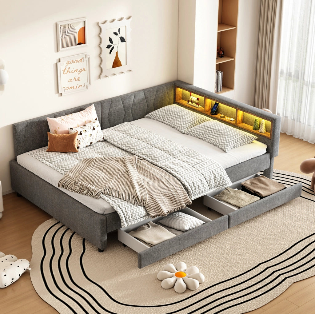 Letto 140x200 cm con LED; USB+Type C e cassetti in lino grigio