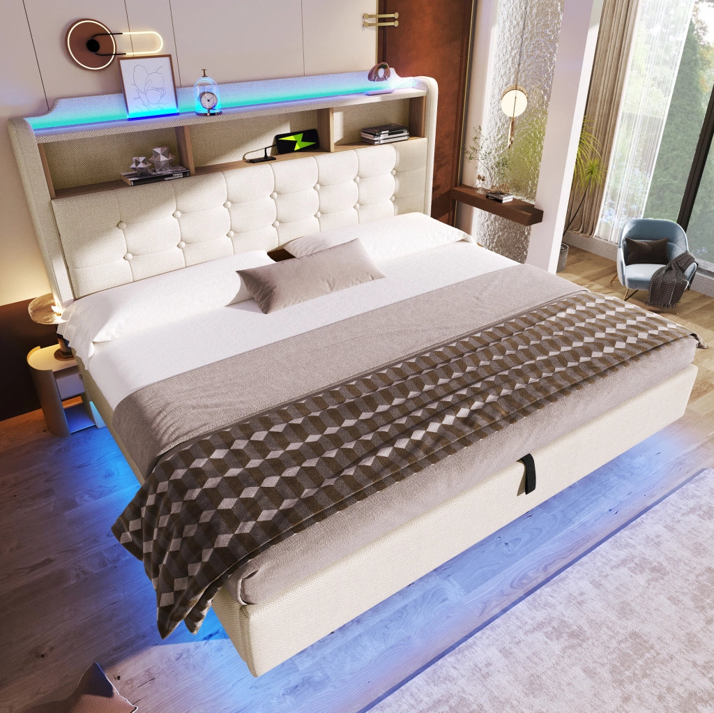 Letto imbottito 180x200 cm in lino beige con LED, contenitore idraulico, USB e Type-C