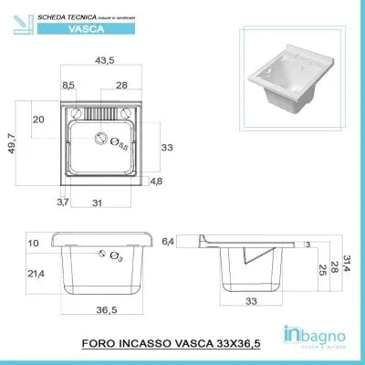 Vasca lavatoio 45x50 cm in resina bianca con pre fori per rubinetto