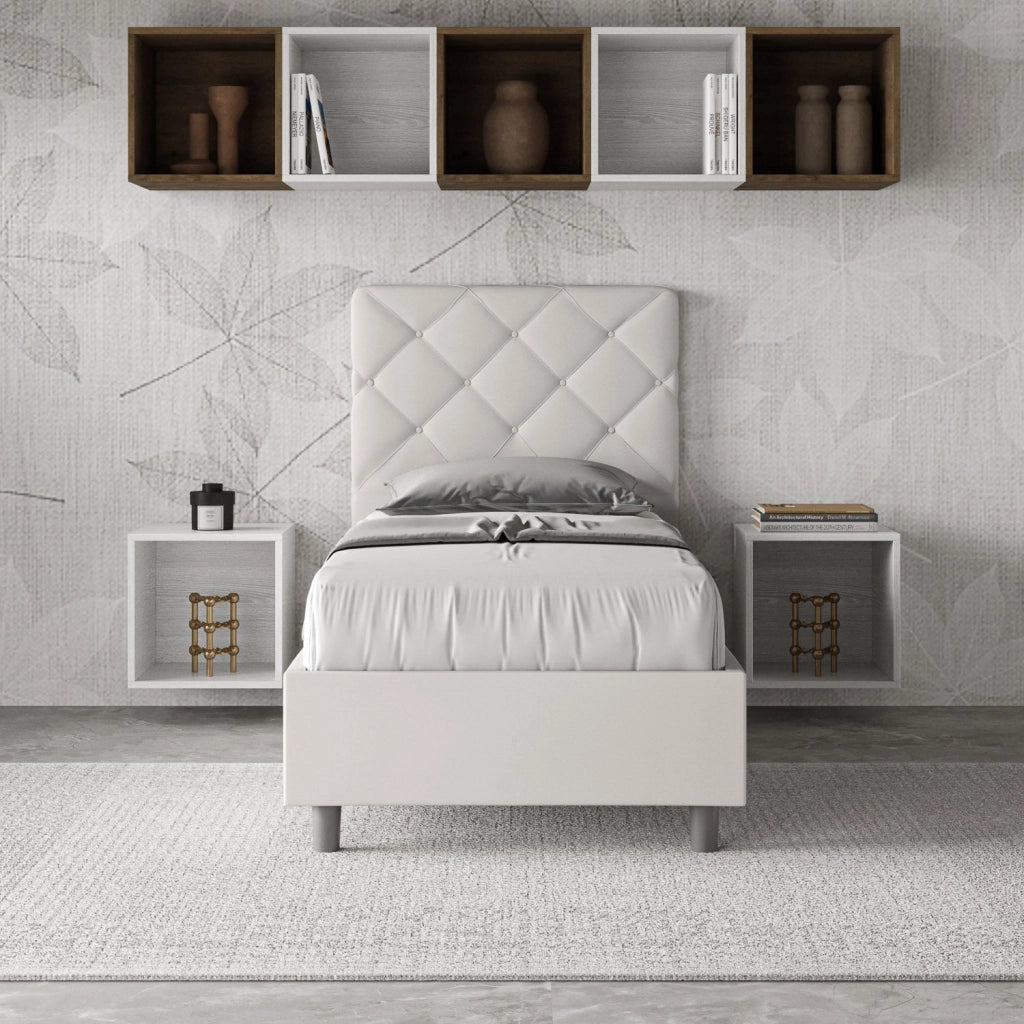 Letto Singolo 100x210 cm con Rete e Contenitore Priya Bianco