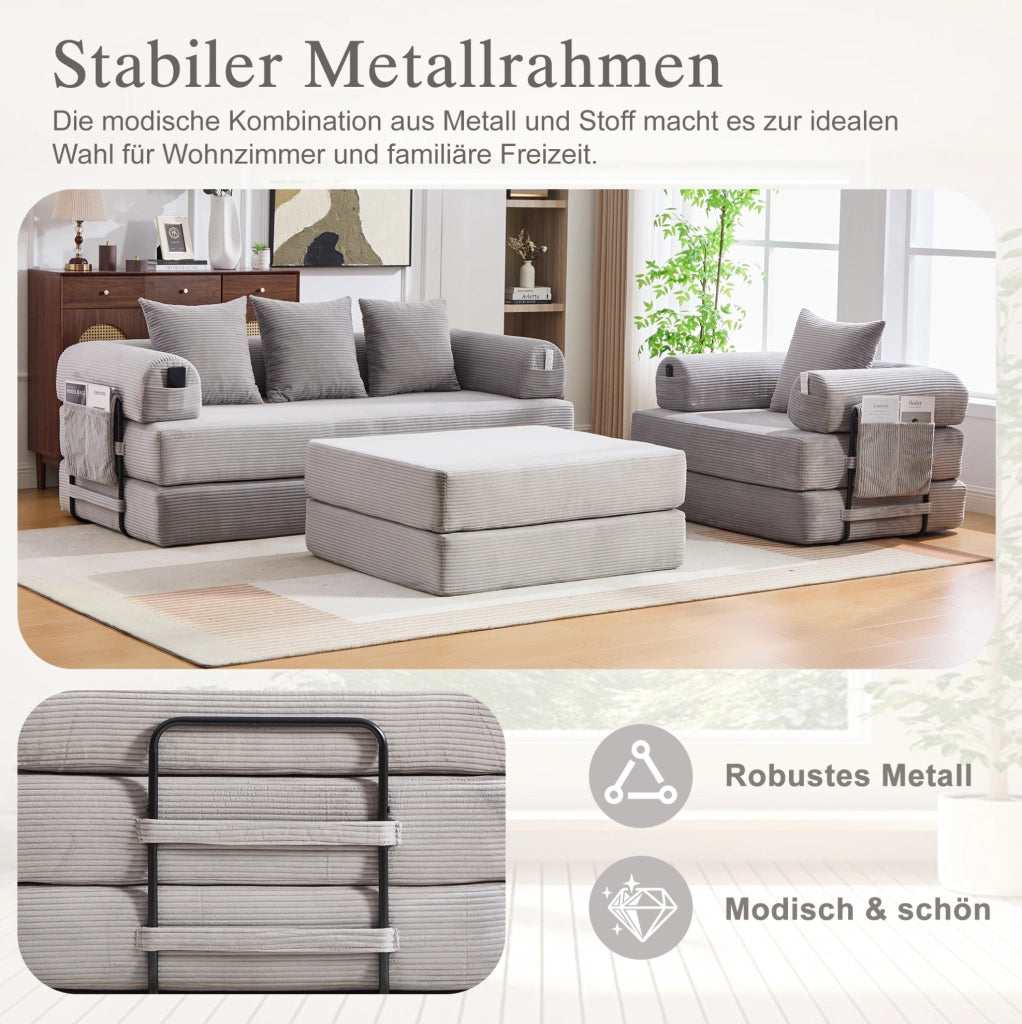 DIVANO modulare in corda grigio chiaro con pouf e cuscini