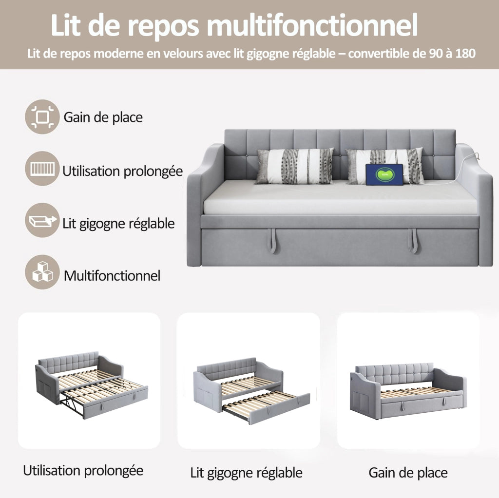 Divano letto imbottito allungabile 90x190 cm, grigio chiaro