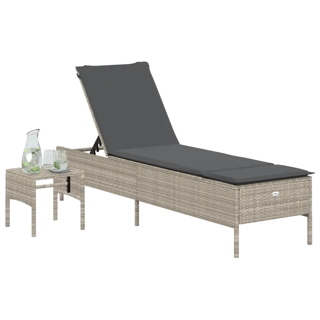Lettino con Tavolo e Cuscino Grigio Chiaro in Polyrattan 4002733