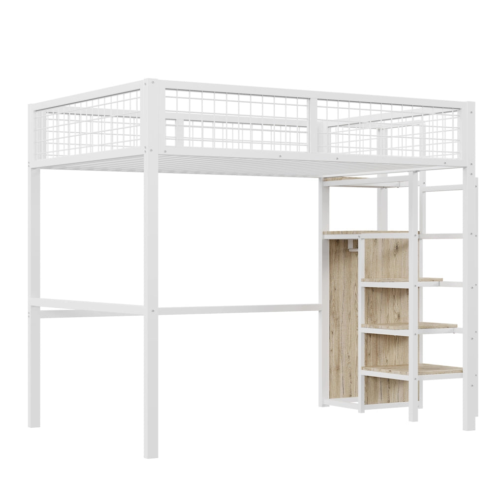 Letto a soppalco 140x200 cm con scala e armadio; bianco