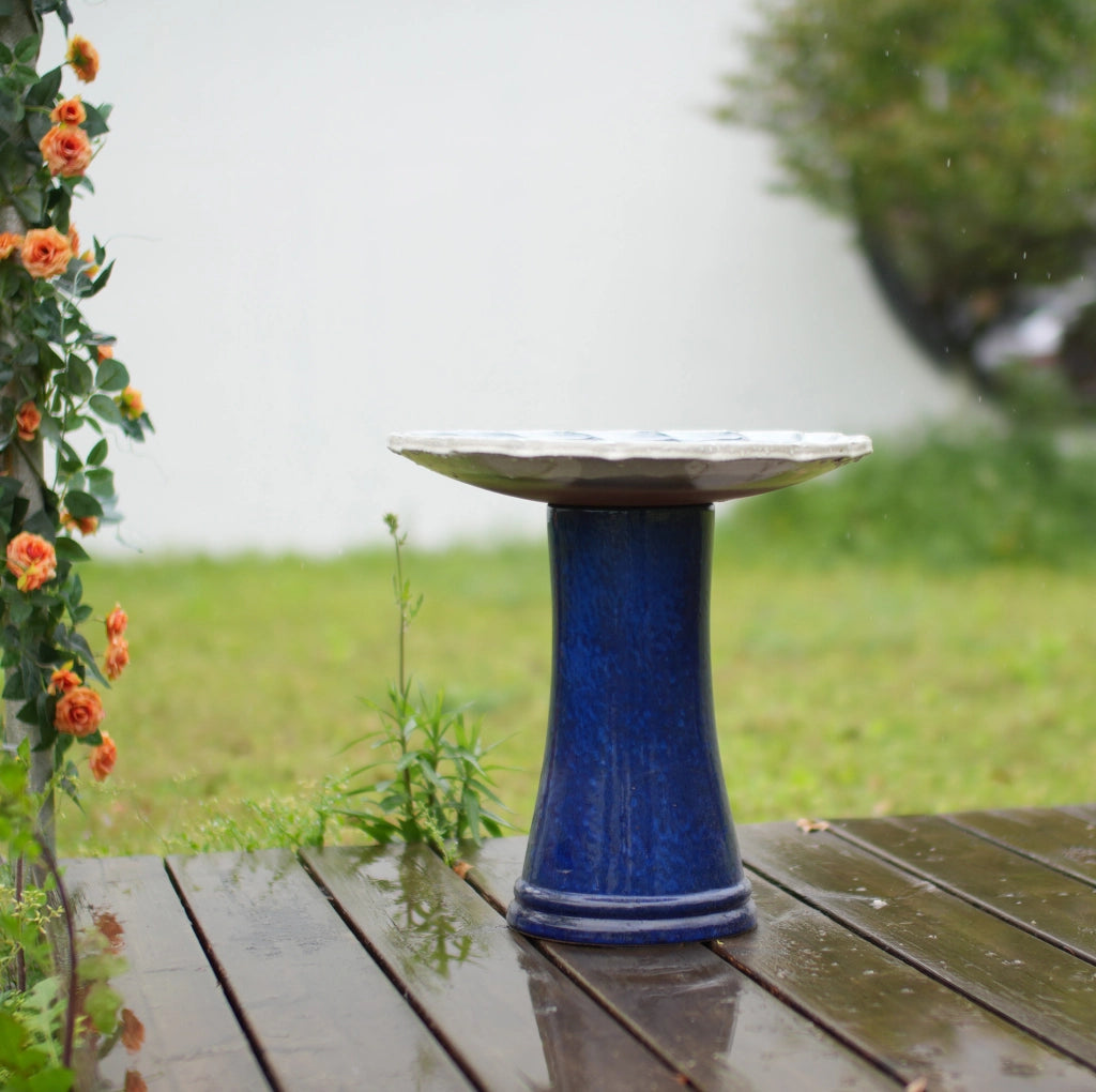 Bersaglio in ceramica smaltata blu e bianco Ø 43 cm, altezza 45 cm, per uccelli da giardino, balcone e terrazza