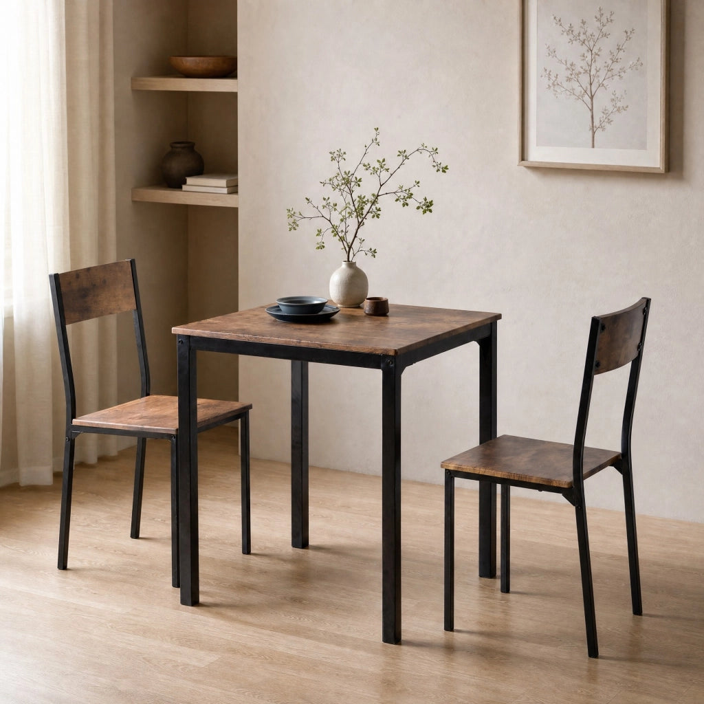Set tavolo e 2 sedie da pranzo in MDF e metallo marrone salvaspazio con finitura a polvere per cucina e balcone