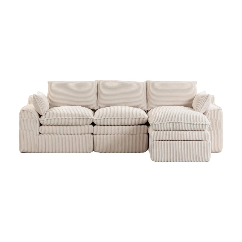 Divano modulare 3 posti in corduroy beige con pouf, tasche laterali e cuscini