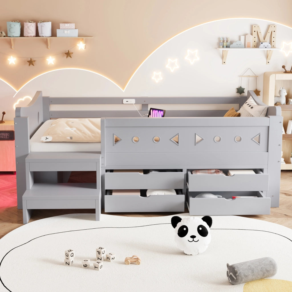 Letto per bambini 90x200 cm con LED; USB e Type-C; 4 cassetti; sponde e scale; legno grigio