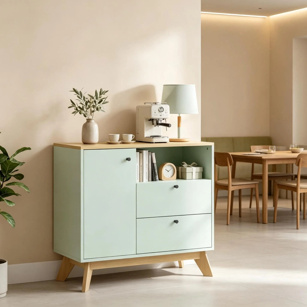 Buffet con 1 anta, 2 cassetti, scomparto aperto e ripiano regolabile