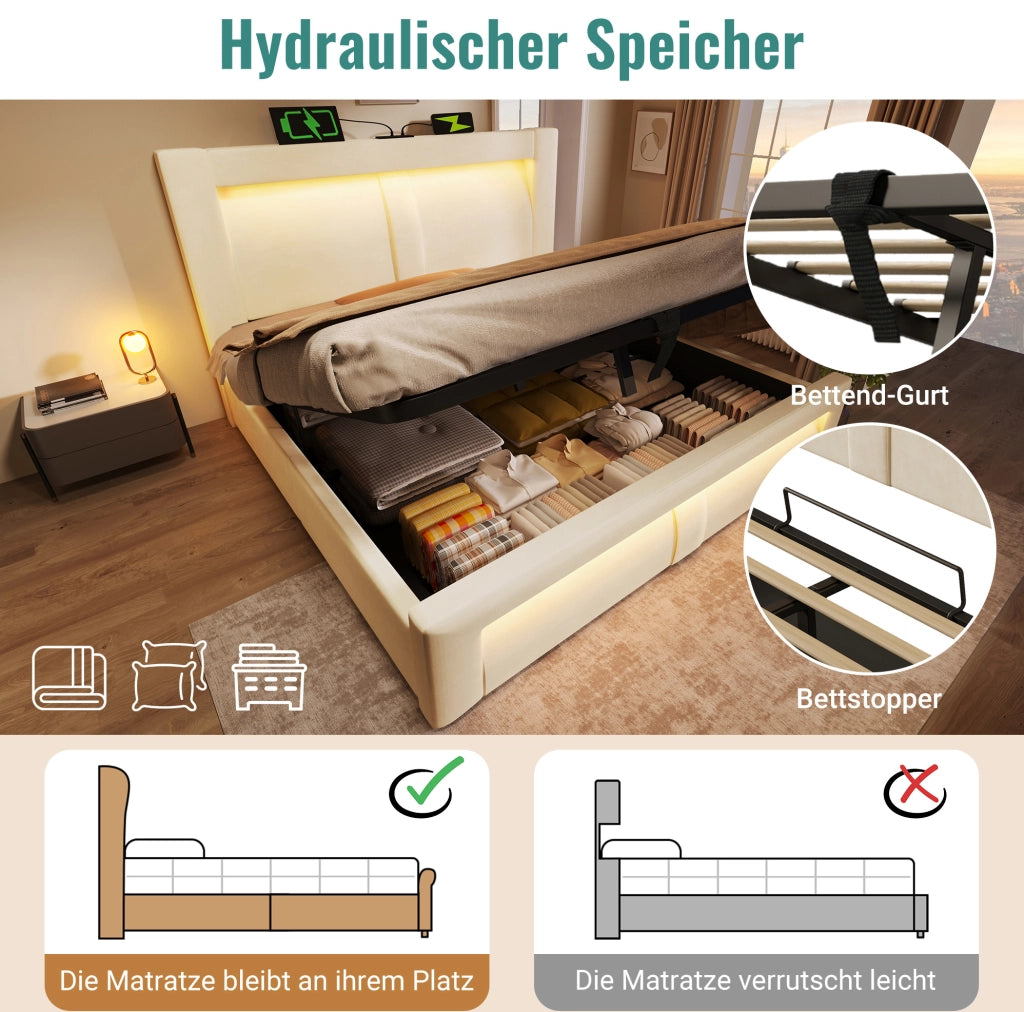 Letto contenitore 140x200 cm LED USB Type-C in velluto beige