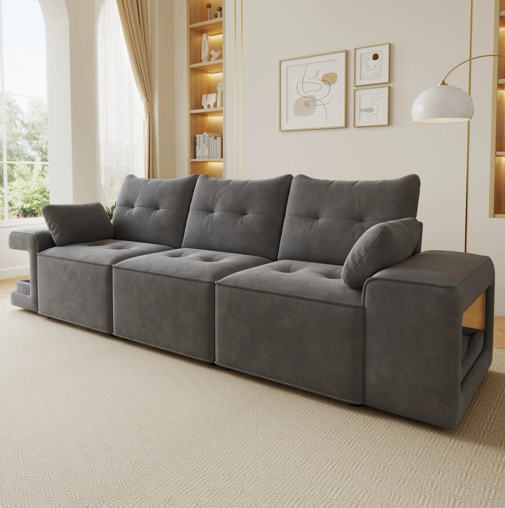 SOFÀ 3 POSTI 229,5x78x84 cm Velluto Grigio con 2 cuscini e vani portaoggetti