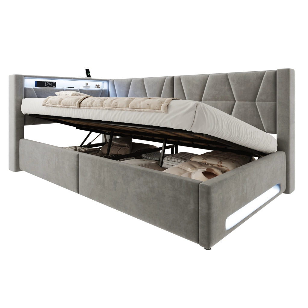 Letto imbottito 90x200 cm con contenitore, LED, USB e Type-C, velluto grigio scuro
