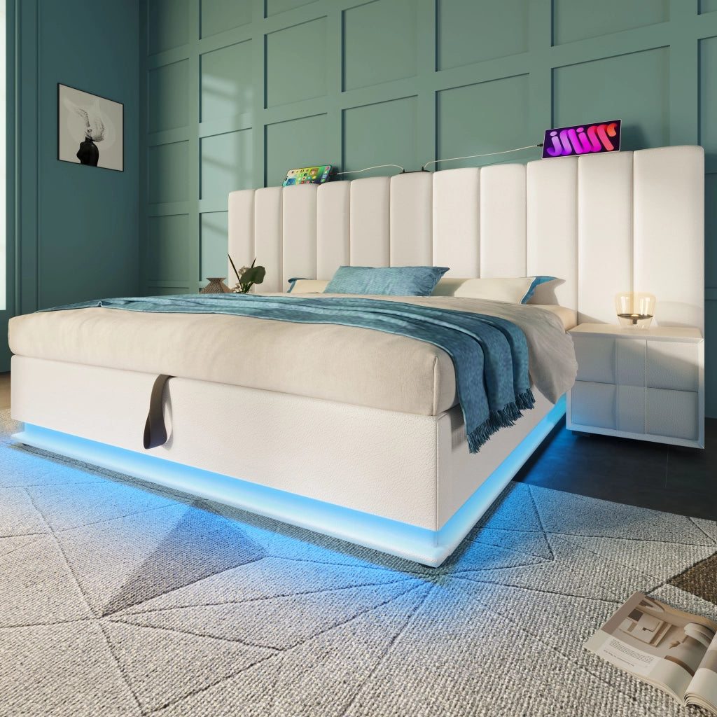 Letto matrimoniale 180x200 contenitore con LED; USB-C; PU bianco