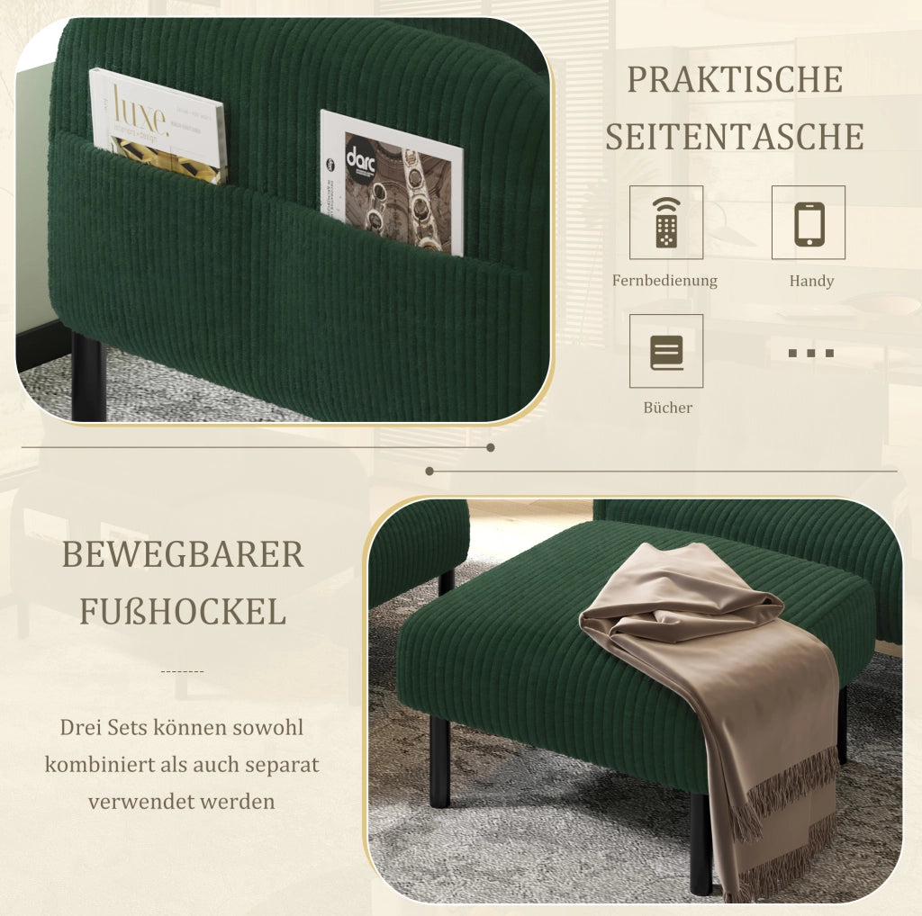DIVANO Set da 3 pezzi 2 posti, poltrona e pouf in cord verde smeraldo