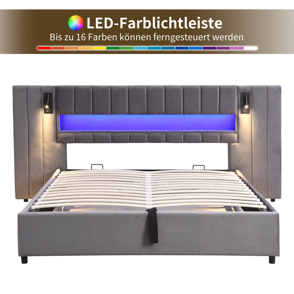 Letto contenitore 180 × 200 cm con USB-A e USB-C LED 16 colori lampada da comodino velluto grigio