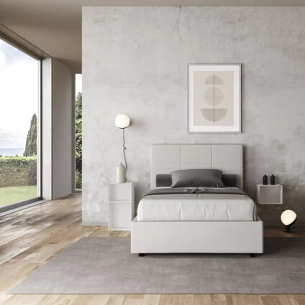 Letto una piazza e mezza con rete imbottito 120x210 similpelle bianco Mika