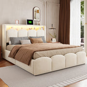 Letto matrimoniale imbottito 140 × 200 cm con contenitore idraulico velluto beige USB e Type-C LED