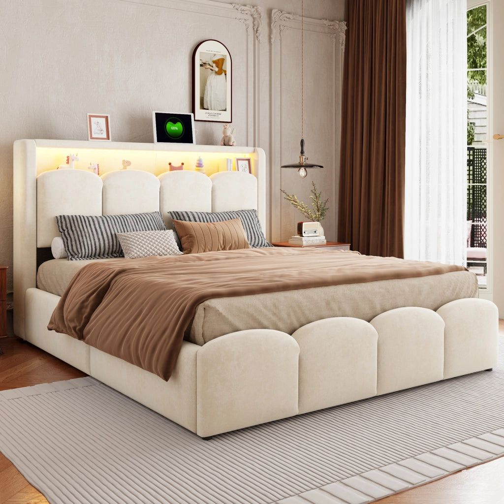 Letto matrimoniale imbottito 140 × 200 cm con contenitore idraulico velluto beige USB e Type-C LED