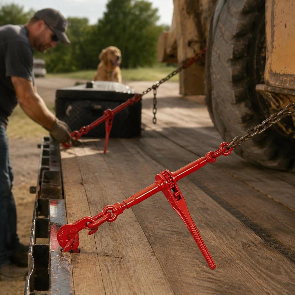 Chain And Binder Kit 3/8in-1/2in, Ratchet Load Binder 92-15lbs Working Strength, Ratchet Binder And Chains, 3/8in X 10ft Chains With G70 Hooks, For Trucks, Tie-down, Towing, And Hauling