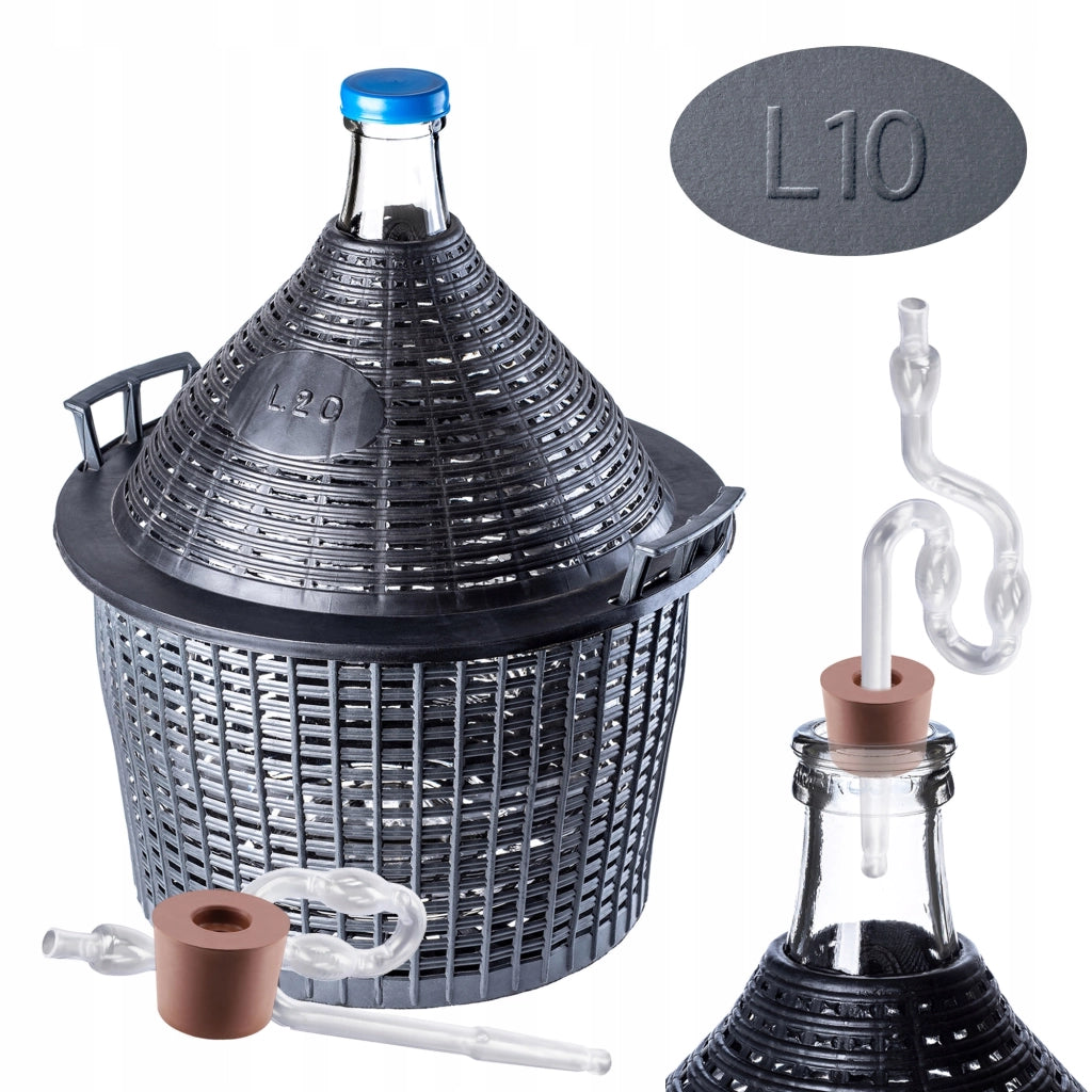 Damigiana KADAX da 10 litri per vino con cestello e tubo di sughero, set da 3 pezzi.