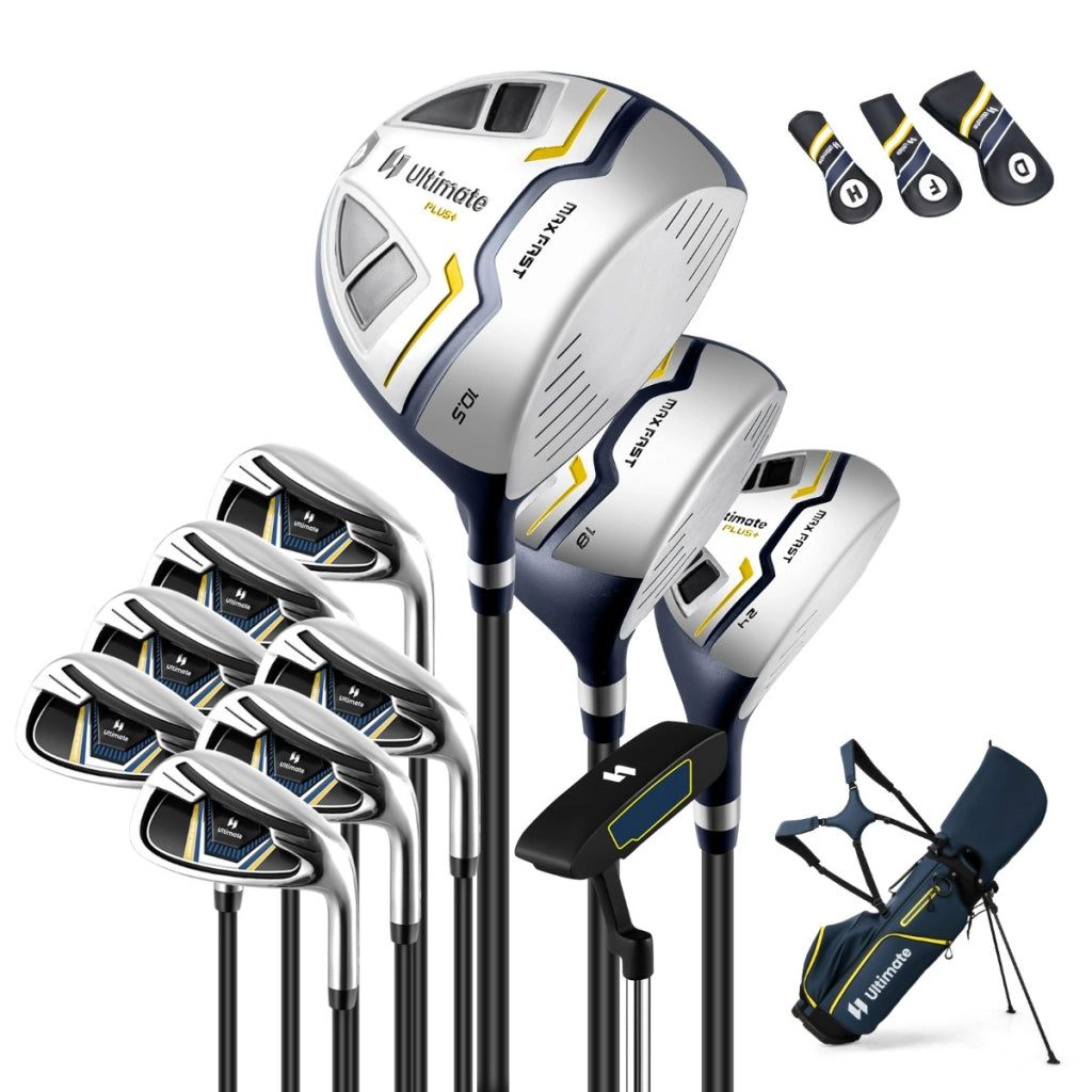 Set completo di mazze da golf da uomo per destrimani, Sacca da golf portatile per destrimani con cavalletto Giallo e Blu Navy
