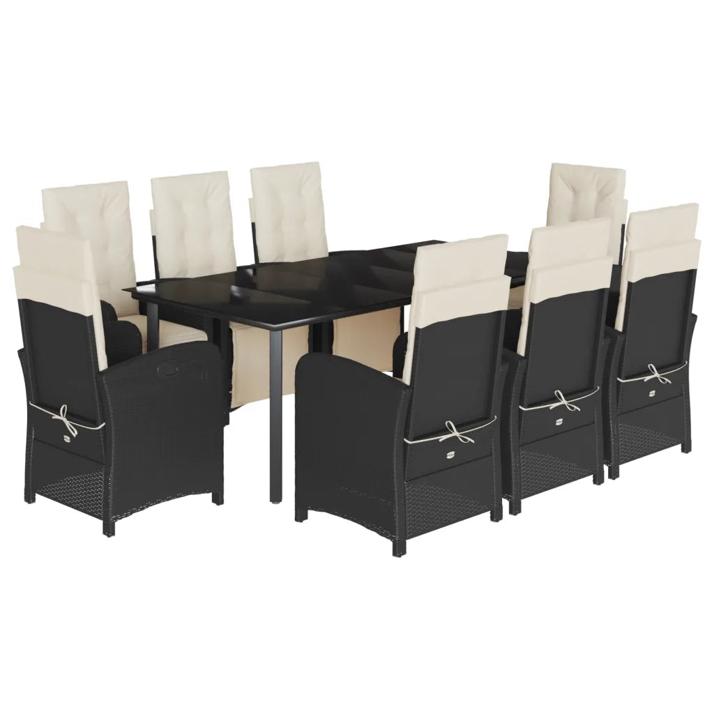 Set da Pranzo da Giardino 9 pz con Cuscini Nero in Polyrattan